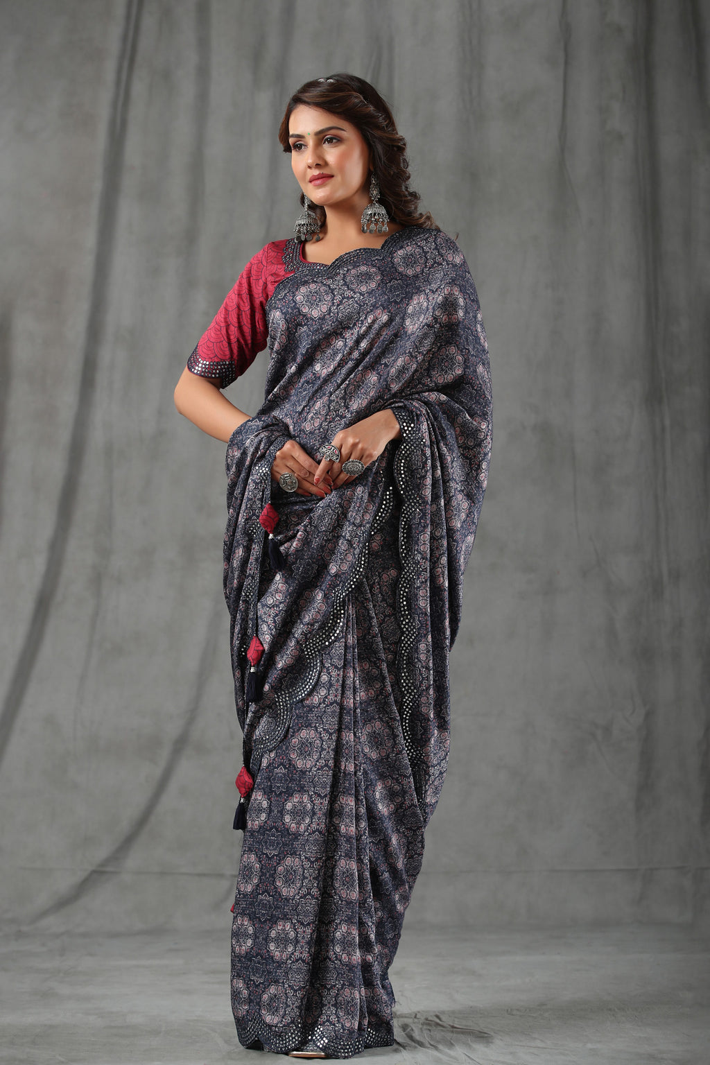 Shop dark blue floral print crepe saree online in USA with scalloped border. Make a fashion statement at weddings with stunning designer sarees, embroidered sarees with blouse, wedding sarees, handloom sarees from Pure Elegance Indian fashion store in USA.-full view