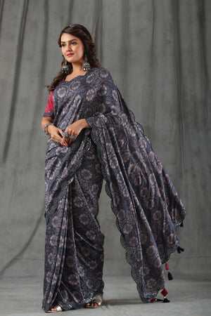 Shop dark blue floral print crepe saree online in USA with scalloped border. Make a fashion statement at weddings with stunning designer sarees, embroidered sarees with blouse, wedding sarees, handloom sarees from Pure Elegance Indian fashion store in USA.-pallu
