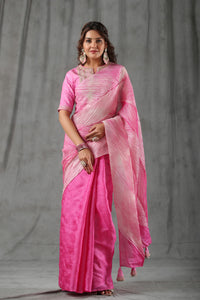 Buy peach striped tussar silk saree online in USA with designer blouse. Make a fashion statement at weddings with stunning designer sarees, embroidered sarees with blouse, wedding sarees, handloom sarees from Pure Elegance Indian fashion store in USA.-full view