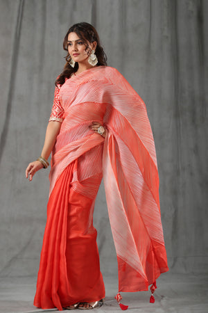 Buy bright red striped tussar silk saree online in USA with bandhej blouse. Make a fashion statement at weddings with stunning designer sarees, embroidered sarees with blouse, wedding sarees, handloom sarees from Pure Elegance Indian fashion store in USA.-pallu