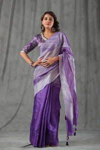 Buy lavender striped tussar silk saree online in USA with bandhej blouse. Make a fashion statement at weddings with stunning designer sarees, embroidered sarees with blouse, wedding sarees, handloom sarees from Pure Elegance Indian fashion store in USA.-full view