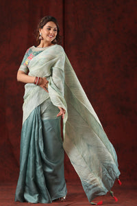 Buy grey stripes tussar silk saree online in USA with floral saree blouse. Make a fashion statement at weddings with stunning designer sarees, embroidered sarees with blouse, wedding sarees, handloom sarees from Pure Elegance Indian fashion store in USA.-full view