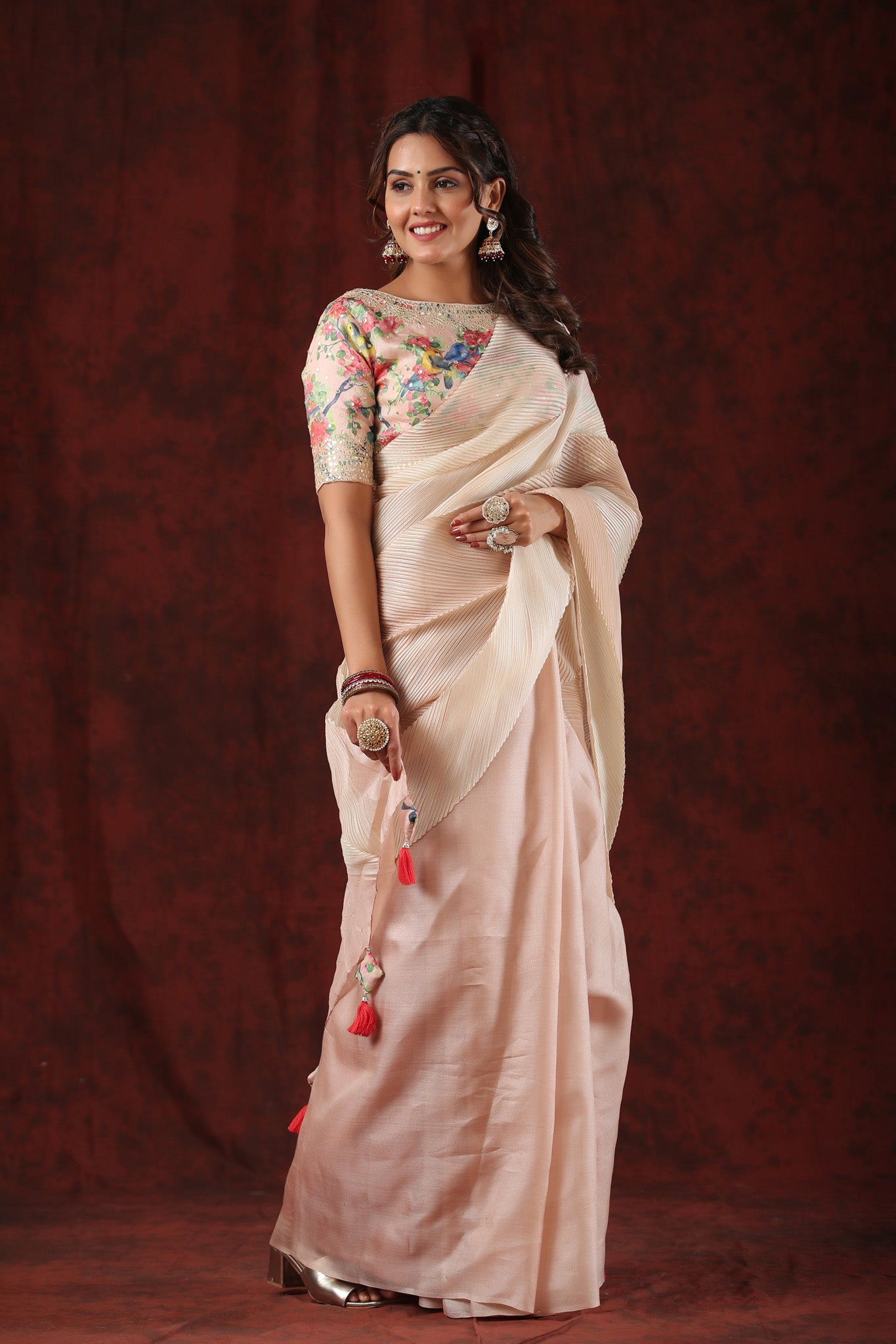 Shop cream striped tussar silk saree online in USA with floral saree blouse. Make a fashion statement at weddings with stunning designer sarees, embroidered sarees with blouse, wedding sarees, handloom sarees from Pure Elegance Indian fashion store in USA.-side