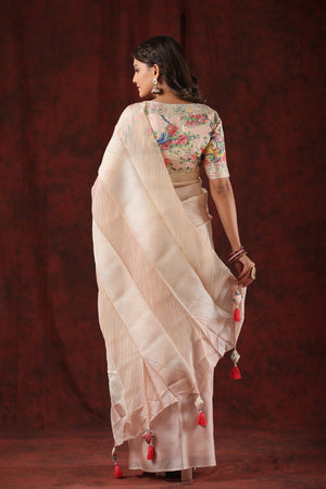 Shop cream striped tussar silk saree online in USA with floral saree blouse. Make a fashion statement at weddings with stunning designer sarees, embroidered sarees with blouse, wedding sarees, handloom sarees from Pure Elegance Indian fashion store in USA.-back