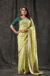 Buy lemon yellow georgette Banarasi saree online in USA with zari stripes. Make a fashion statement at weddings with stunning designer sarees, embroidered sarees with blouse, wedding sarees, handloom sarees from Pure Elegance Indian fashion store in USA.-full view