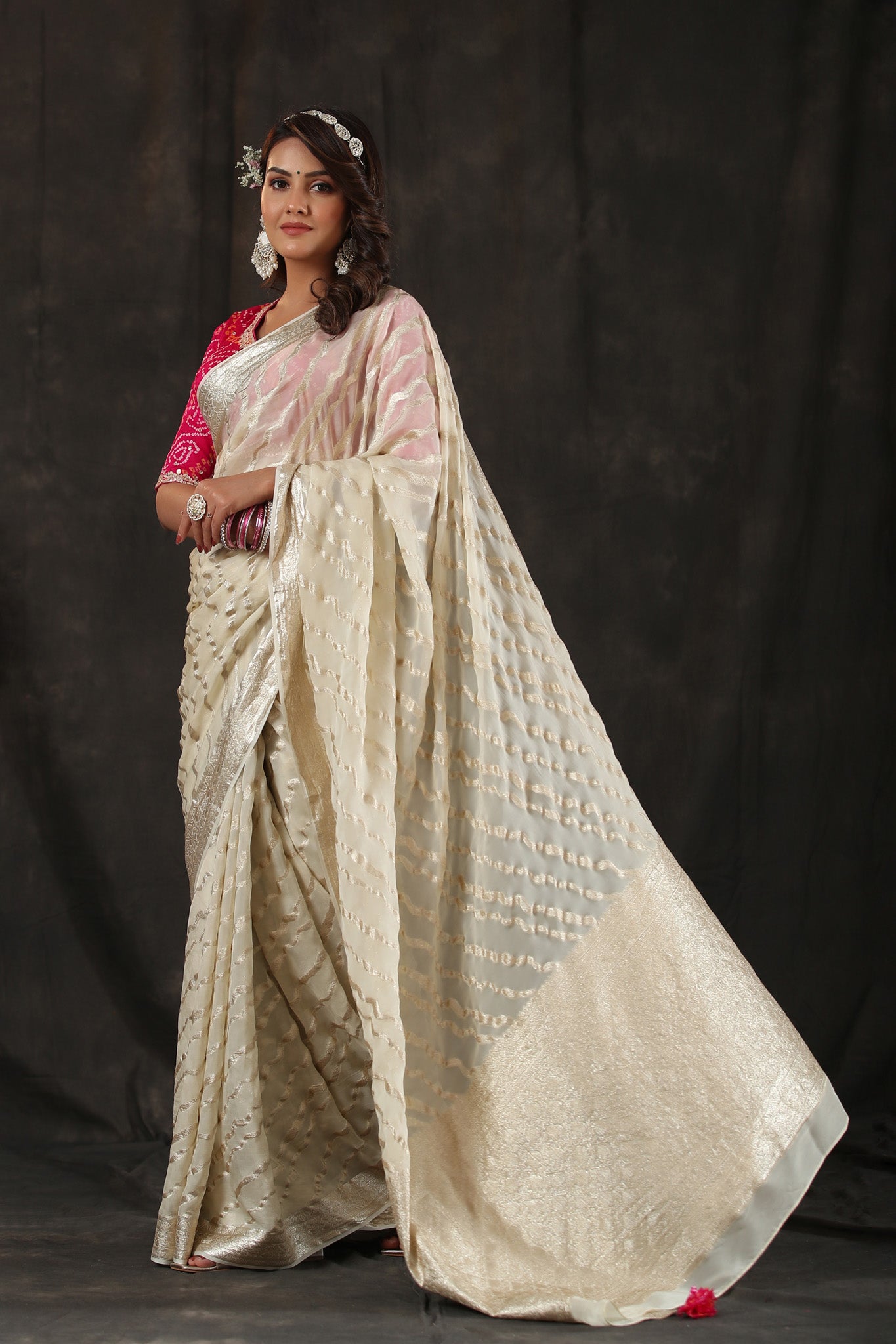 Buy cream georgette Banarasi saree online in USA with zari stripes. Make a fashion statement at weddings with stunning designer sarees, embroidered sarees with blouse, wedding sarees, handloom sarees from Pure Elegance Indian fashion store in USA.-pallu