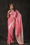 Buy beautiful light pink georgette Banarasi saree online in USA with zari stripes. Make a fashion statement at weddings with stunning designer sarees, embroidered sarees with blouse, wedding sarees, handloom sarees from Pure Elegance Indian fashion store in USA.-full view