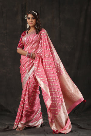 Buy beautiful light pink georgette Banarasi saree online in USA with zari stripes. Make a fashion statement at weddings with stunning designer sarees, embroidered sarees with blouse, wedding sarees, handloom sarees from Pure Elegance Indian fashion store in USA.-pallu