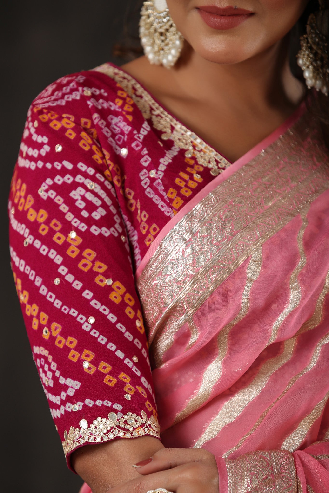 Buy beautiful light pink georgette Banarasi saree online in USA with zari stripes. Make a fashion statement at weddings with stunning designer sarees, embroidered sarees with blouse, wedding sarees, handloom sarees from Pure Elegance Indian fashion store in USA.-blouse