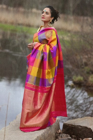 Buy Beige And Back Saree With Checks Print And Contrast Bright Orange And  Pink Printed Border Online - Kalki Fashion