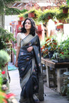Shop grey khaddi Banarasi saree online in USA with multicolor minakari zari buta. Enhance your ethnic look with beautiful Indian designer sarees from Pure Elegance. Shop from a splendid collection of Banarasi sarees, traditional silk saris, Kanchipuram sarees from our exclusive Indian clothing store in USA.-full view