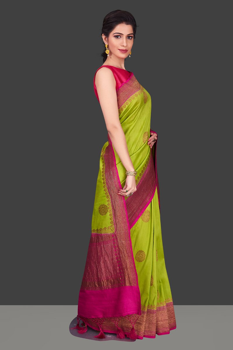 Buy pista green muga Banarasi saree online in USA with pink zari border. Shop beautiful Banarasi sarees, georgette sarees, pure muga silk sarees in USA from Pure Elegance Indian fashion boutique in USA. Get spoiled for choices with a splendid variety of Indian saris to choose from! Shop now.-side
