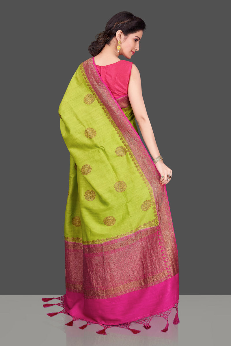 Buy pista green muga Banarasi saree online in USA with pink zari border. Shop beautiful Banarasi sarees, georgette sarees, pure muga silk sarees in USA from Pure Elegance Indian fashion boutique in USA. Get spoiled for choices with a splendid variety of Indian saris to choose from! Shop now.-back