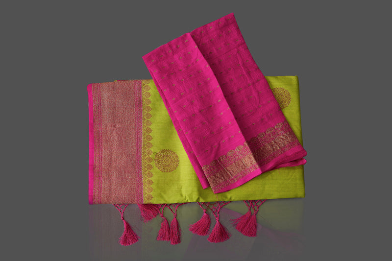 Buy pista green muga Banarasi saree online in USA with pink zari border. Shop beautiful Banarasi sarees, georgette sarees, pure muga silk sarees in USA from Pure Elegance Indian fashion boutique in USA. Get spoiled for choices with a splendid variety of Indian saris to choose from! Shop now.-details
