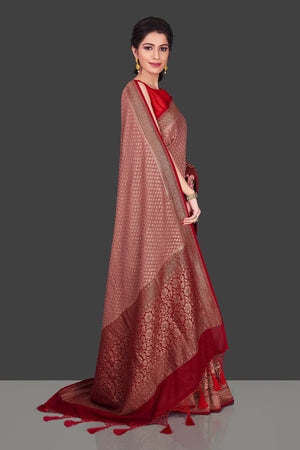 Buy charming dusty pink georgette Banarasi saree online in USA with red zari border. Shop beautiful Banarasi sarees, georgette sarees, pure muga silk sarees in USA from Pure Elegance Indian fashion boutique in USA. Get spoiled for choices with a splendid variety of Indian saris to choose from! Shop now.-side