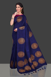 Shop navy borderless muga Banarasi saree online in USA with big antique zari buta. Shop beautiful Banarasi sarees, georgette sarees, pure muga silk sarees in USA from Pure Elegance Indian fashion boutique in USA. Get spoiled for choices with a splendid variety of designer saris to choose from! Shop now.-full view