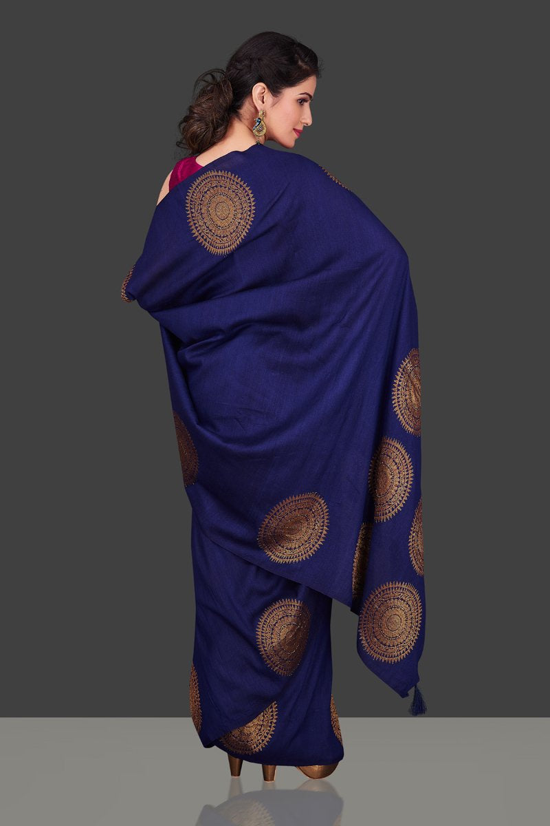 Shop navy borderless muga Banarasi saree online in USA with big antique zari buta. Shop beautiful Banarasi sarees, georgette sarees, pure muga silk sarees in USA from Pure Elegance Indian fashion boutique in USA. Get spoiled for choices with a splendid variety of designer saris to choose from! Shop now.-back