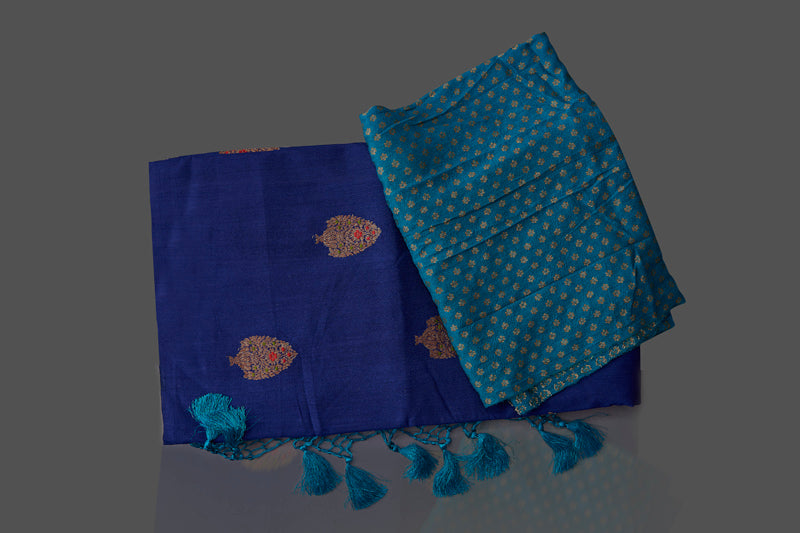 Buy stunning dark blue borderless muga Banarasi sari online in USA with floral zari buta. Shop beautiful Banarasi sarees, georgette sarees, pure muga silk sarees in USA from Pure Elegance Indian fashion boutique in USA. Get spoiled for choices with a splendid variety of designer saris to choose from! Shop now.-details