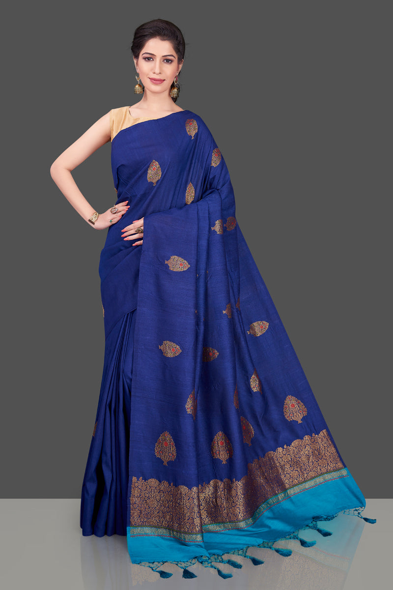 90J554-RO Dark Blue Borderless Muga Banarasi Sari with Floral Zari Buta