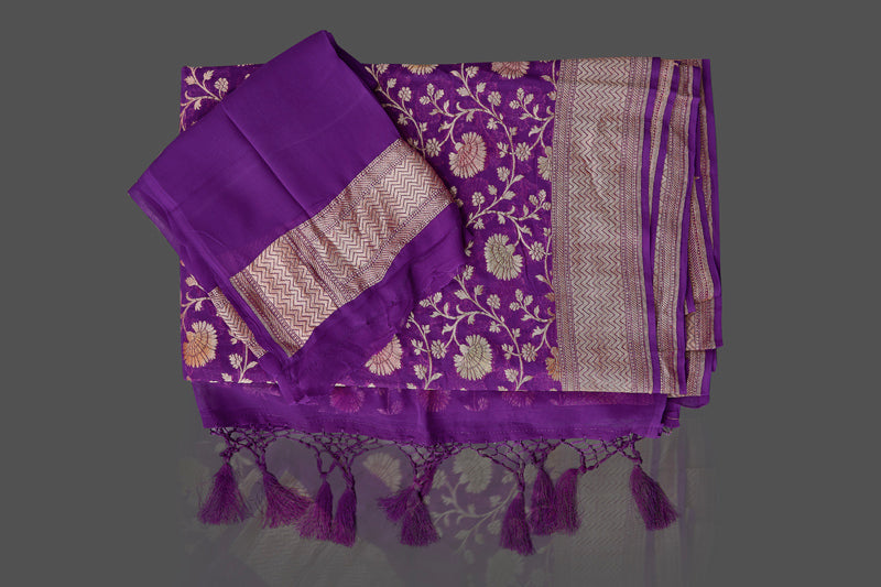 Shop purple georgette Benarasi sari online in USA with floral zari jaal. Shop beautiful Banarasi georgette sarees, tussar sarees, pure muga silk saris in USA from Pure Elegance Indian fashion boutique in USA. Get spoiled for choices with a splendid variety of Indian sarees to choose from! Shop now.-details