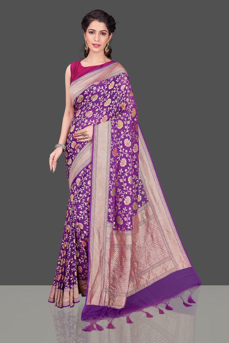Shop purple georgette Benarasi sari online in USA with floral zari jaal. Shop beautiful Banarasi georgette sarees, tussar sarees, pure muga silk saris in USA from Pure Elegance Indian fashion boutique in USA. Get spoiled for choices with a splendid variety of Indian sarees to choose from! Shop now.-full view