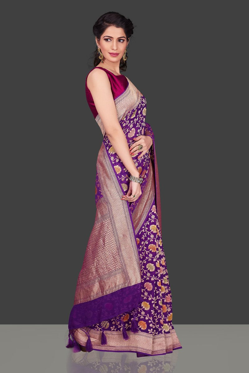 Shop purple georgette Benarasi sari online in USA with floral zari jaal. Shop beautiful Banarasi georgette sarees, tussar sarees, pure muga silk saris in USA from Pure Elegance Indian fashion boutique in USA. Get spoiled for choices with a splendid variety of Indian sarees to choose from! Shop now.-side