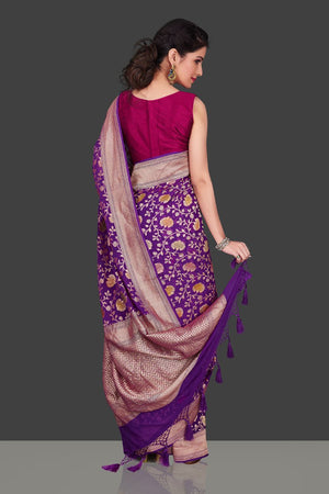 Shop purple georgette Benarasi sari online in USA with floral zari jaal. Shop beautiful Banarasi georgette sarees, tussar sarees, pure muga silk saris in USA from Pure Elegance Indian fashion boutique in USA. Get spoiled for choices with a splendid variety of Indian sarees to choose from! Shop now.-back