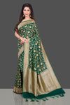 Buy dark green Benarasi georgette sari online in USA with floral zari jaal. Shop beautiful Banarasi georgette sarees, tussar sarees, pure muga silk saris in USA from Pure Elegance Indian fashion boutique in USA. Get spoiled for choices with a splendid variety of Indian sarees to choose from! Shop now.-full view