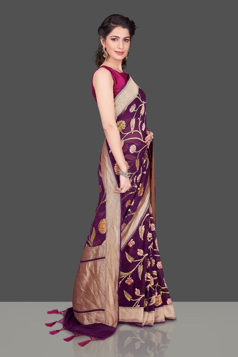 Shop purple Banarasi georgette saree online in USA with floral zari jaal. Shop beautiful Banarasi georgette sarees, tussar sarees, pure muga silk saris in USA from Pure Elegance Indian fashion boutique in USA. Get spoiled for choices with a splendid variety of Indian sarees to choose from! Shop now.-side
