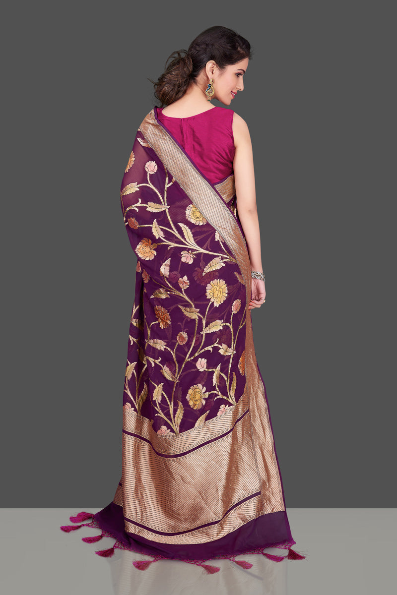 Shop purple Banarasi georgette saree online in USA with floral zari jaal. Shop beautiful Banarasi georgette sarees, tussar sarees, pure muga silk saris in USA from Pure Elegance Indian fashion boutique in USA. Get spoiled for choices with a splendid variety of Indian sarees to choose from! Shop now.-back
