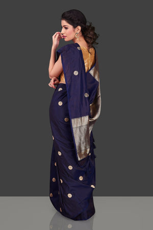 Buy navy blue borderless Banarasi saree in USA with polka zari buta. Shop beautiful Banarasi georgette sarees, tussar saris, pure muga silk saris in USA from Pure Elegance Indian fashion boutique in USA. Get spoiled for choices with a splendid variety of Indian sarees to choose from! Shop now.-back