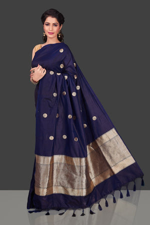 Buy navy blue borderless Banarasi saree in USA with polka zari buta. Shop beautiful Banarasi georgette sarees, tussar saris, pure muga silk saris in USA from Pure Elegance Indian fashion boutique in USA. Get spoiled for choices with a splendid variety of Indian sarees to choose from! Shop now.-front