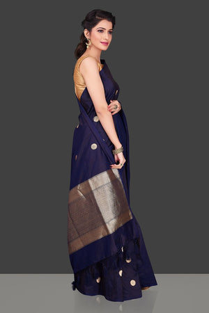 Buy navy blue borderless Banarasi saree in USA with polka zari buta. Shop beautiful Banarasi georgette sarees, tussar saris, pure muga silk saris in USA from Pure Elegance Indian fashion boutique in USA. Get spoiled for choices with a splendid variety of Indian sarees to choose from! Shop now.-side
