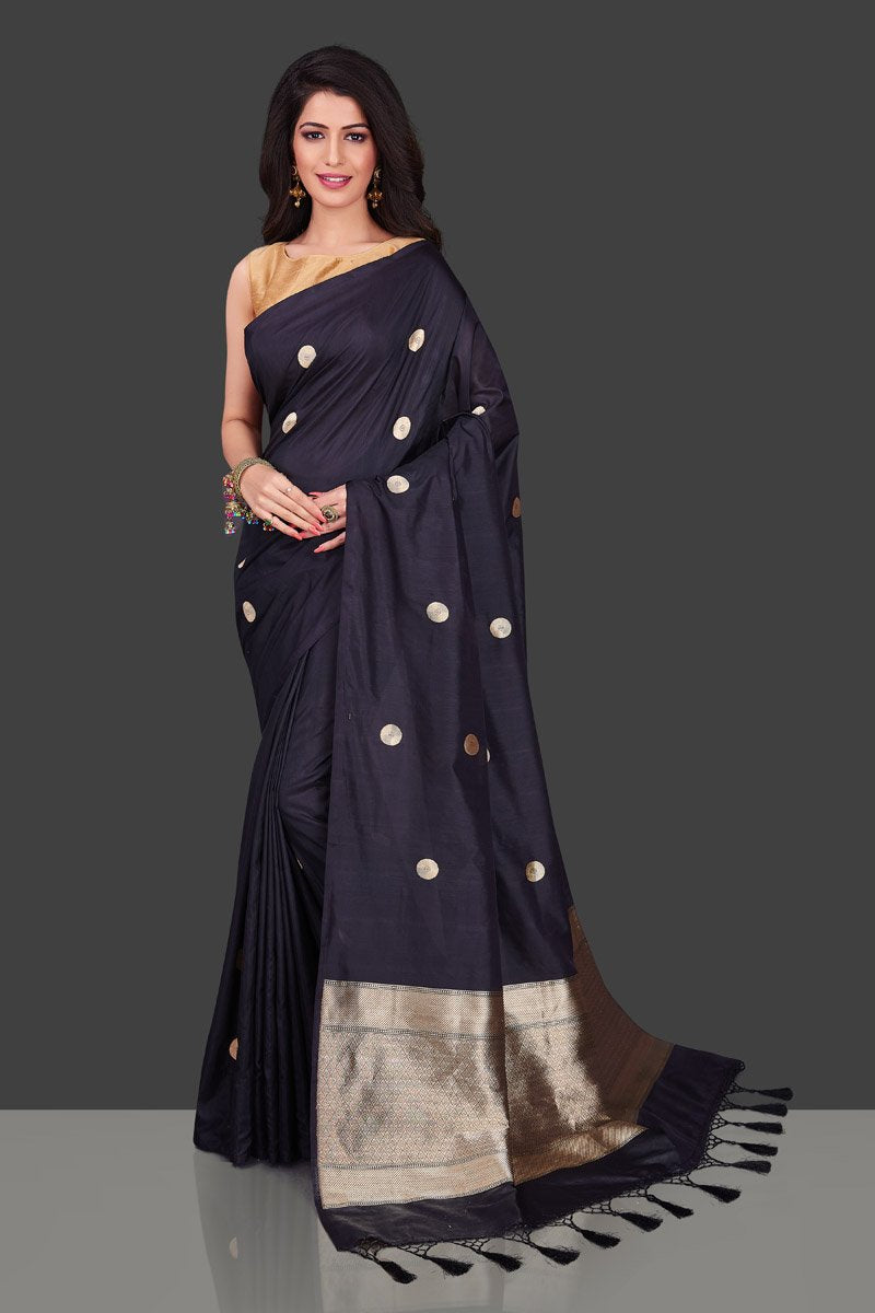 Shop stunning black borderless Banarasi sari in USA with polka zari buta. Shop beautiful Banarasi georgette sarees, tussar saris, pure muga silk saris in USA from Pure Elegance Indian fashion boutique in USA. Get spoiled for choices with a splendid variety of Indian sarees to choose from! Shop now.-full view