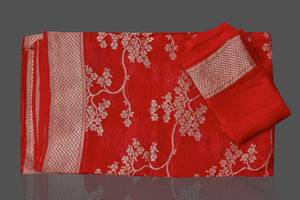 Buy online beautiful red Benarasi georgette saree in USA with floral zari work. Shop beautiful Banarasi georgette sarees, tussar saris, pure muga silk saris in USA from Pure Elegance Indian fashion boutique in USA. Get spoiled for choices with a splendid variety of Indian sarees to choose from! Shop now.-details