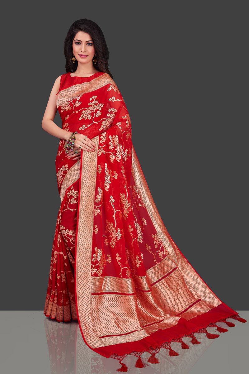 Buy online beautiful red Benarasi georgette saree in USA with floral zari work. Shop beautiful Banarasi georgette sarees, tussar saris, pure muga silk saris in USA from Pure Elegance Indian fashion boutique in USA. Get spoiled for choices with a splendid variety of Indian sarees to choose from! Shop now.-full view