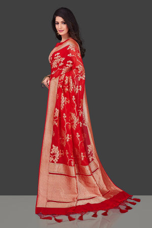 Buy online beautiful red Benarasi georgette saree in USA with floral zari work. Shop beautiful Banarasi georgette sarees, tussar saris, pure muga silk saris in USA from Pure Elegance Indian fashion boutique in USA. Get spoiled for choices with a splendid variety of Indian sarees to choose from! Shop now.-left side