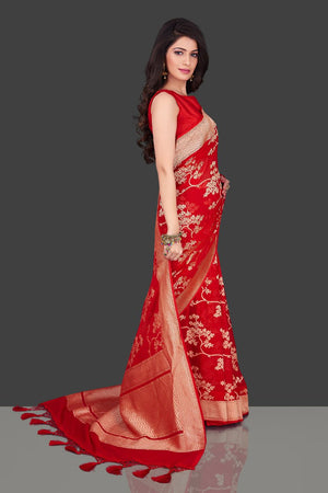 Buy online beautiful red Benarasi georgette saree in USA with floral zari work. Shop beautiful Banarasi georgette sarees, tussar saris, pure muga silk saris in USA from Pure Elegance Indian fashion boutique in USA. Get spoiled for choices with a splendid variety of Indian sarees to choose from! Shop now.-side