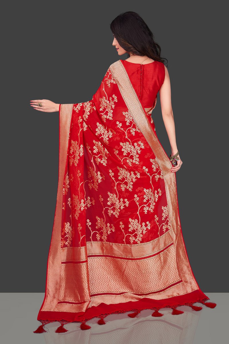 Buy online beautiful red Benarasi georgette saree in USA with floral zari work. Shop beautiful Banarasi georgette sarees, tussar saris, pure muga silk saris in USA from Pure Elegance Indian fashion boutique in USA. Get spoiled for choices with a splendid variety of Indian sarees to choose from! Shop now.-back