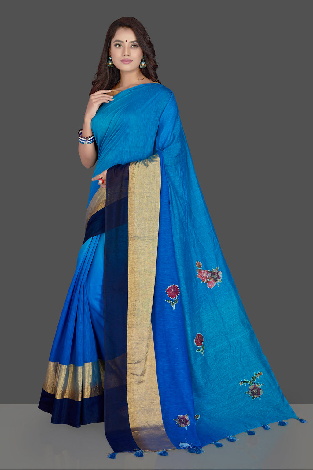 Shop charming blue floral applique linen sari online in USA with powder blue floral saree blouse. Radiate elegance with designer sarees with blouse, linen sarees from Pure Elegance Indian fashion boutique in USA. We bring a especially curated collection of ethnic saris for Indian women in USA under one roof!-full view