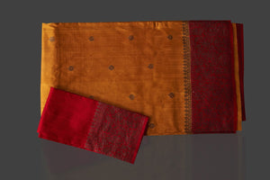 Shop mustard Banarasi silk sari online in USA with antique zari red border. Keep it elegant with handwoven sarees, Banarasi silk sarees, soft silk sarees from Pure Elegance Indian fashion boutique in USA. We bring a especially curated collection of ethnic sarees for Indian women in USA under one roof!-blouse