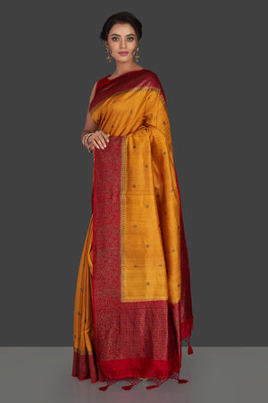 Shop mustard Banarasi silk sari online in USA with antique zari red border. Keep it elegant with handwoven sarees, Banarasi silk sarees, soft silk sarees from Pure Elegance Indian fashion boutique in USA. We bring a especially curated collection of ethnic sarees for Indian women in USA under one roof!-left