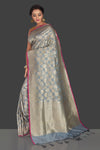 Shop gorgeous steel blue tussar georgette sari online in USA with silver zari work. Keep it elegant with georgette sarees, Banarasi silk sarees, handwoven sarees from Pure Elegance Indian fashion boutique in USA. We bring a especially curated collection of ethnic sarees for Indian women in USA under one roof!-full view