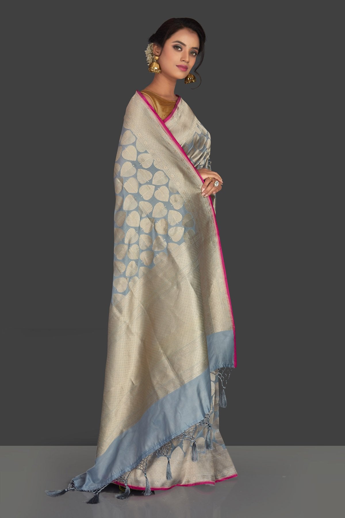 Shop gorgeous steel blue tussar georgette sari online in USA with silver zari work. Keep it elegant with georgette sarees, Banarasi silk sarees, handwoven sarees from Pure Elegance Indian fashion boutique in USA. We bring a especially curated collection of ethnic sarees for Indian women in USA under one roof!-right