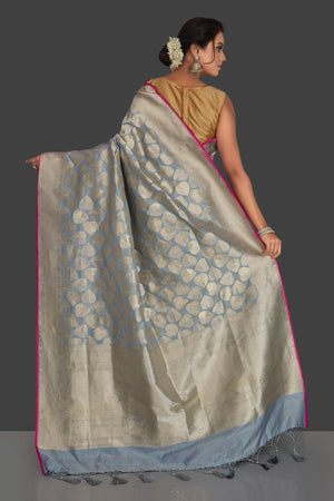 Shop gorgeous steel blue tussar georgette sari online in USA with silver zari work. Keep it elegant with georgette sarees, Banarasi silk sarees, handwoven sarees from Pure Elegance Indian fashion boutique in USA. We bring a especially curated collection of ethnic sarees for Indian women in USA under one roof!-back