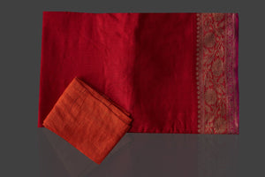 Shop beautiful red muga Banarasi saree online in USA with floral zari border. Keep it elegant with Muga silk sarees, Banarasi silk sarees, handwoven sarees from Pure Elegance Indian fashion boutique in USA. We bring a especially curated collection of ethnic sarees for Indian women in USA under one roof!-blouse