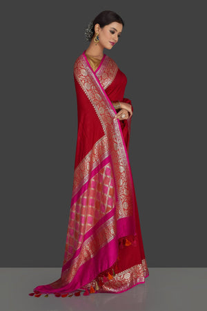 Shop beautiful red muga Banarasi saree online in USA with floral zari border. Keep it elegant with Muga silk sarees, Banarasi silk sarees, handwoven sarees from Pure Elegance Indian fashion boutique in USA. We bring a especially curated collection of ethnic sarees for Indian women in USA under one roof!-right side