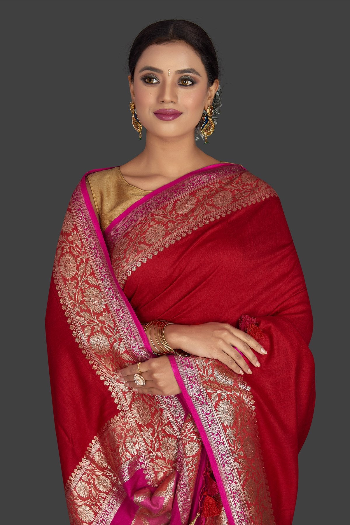 Shop beautiful red muga Banarasi saree online in USA with floral zari border. Keep it elegant with Muga silk sarees, Banarasi silk sarees, handwoven sarees from Pure Elegance Indian fashion boutique in USA. We bring a especially curated collection of ethnic sarees for Indian women in USA under one roof!-closeup