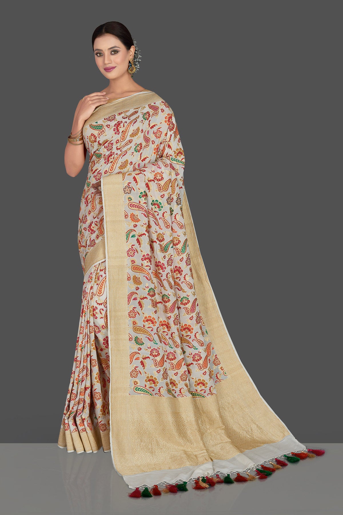 Shop exquisite off-white georgette Banarasi saree online in USA with zari minakari floral work. Radiate elegance with georgette sarees, Banarasi sarees, handwoven sarees from Pure Elegance Indian fashion boutique in USA. We bring a especially curated collection of ethnic sarees for Indian women in USA under one roof!-full view