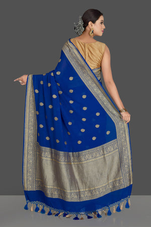 Shop beautiful indigo blue georgette Banarasi saree online in USA with zari border. Radiate elegance with georgette sarees, Banarasi sarees, handwoven sarees from Pure Elegance Indian fashion boutique in USA. We bring a especially curated collection of ethnic sarees for Indian women in USA under one roof!-back